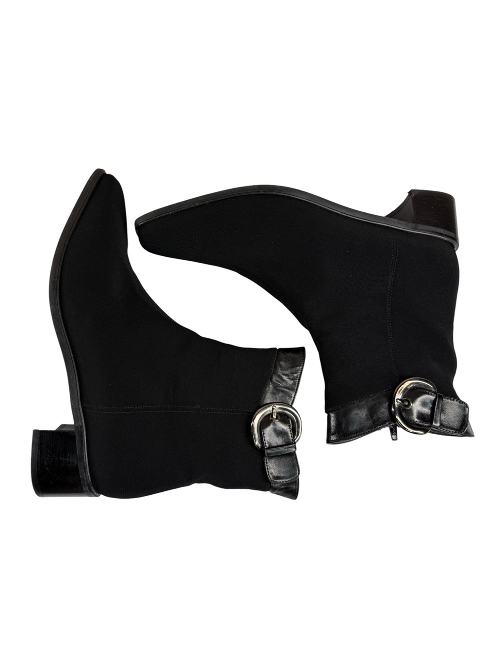 Stuart Weitzman Black Stretch Buckle Ankle Boots Square Toe 9.5 M Made Spain